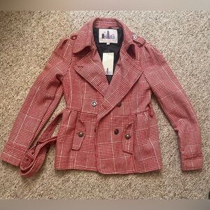 Chic Red Plaid Double-Breasted Pea Coat